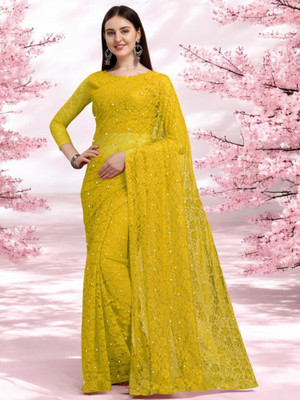 NORAFLEX Embroidered Bollywood Net Saree(Yellow)