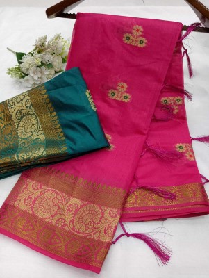 MAANVIT Woven Kanjivaram Pure Cotton, Cotton Silk Saree(Pink)