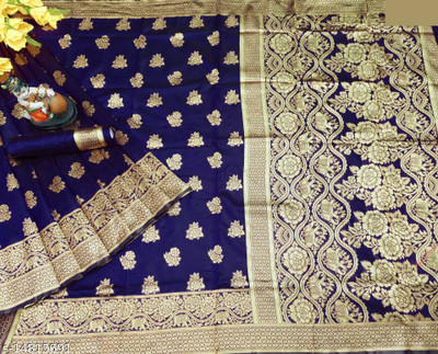 GORAL Self Design Kanjivaram Art Silk, Jacquard Saree(Dark Blue, Gold)