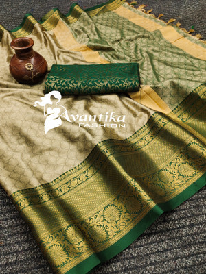 AVANTIKA FASHION Printed, Temple Border, Woven, Embellished, Solid/Plain Banarasi Art Silk, Cotton Silk Saree(Green, Cream)