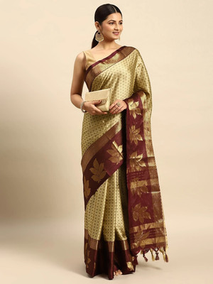 VILLAGIUS Embellished, Floral Print, Printed, Self Design, Temple Border, Solid/Plain, Woven Kanjivaram Cotton Silk, Art Silk Saree(Beige)