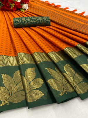 KanjiQueen Woven Kanjivaram Cotton Silk, Silk Blend Saree(Orange, Dark Green)