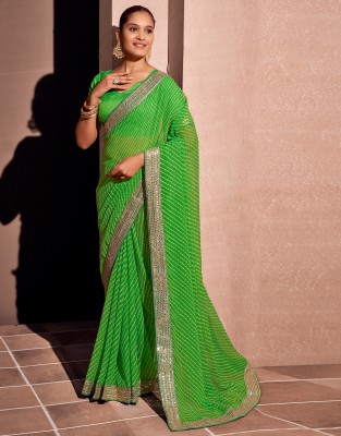 Satrani Embroidered, Embellished, Printed Bollywood Georgette Saree(Green, White)