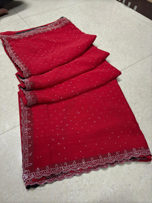 Harbhole Lace Border Self Design Bollywood Georgette Saree(Red)