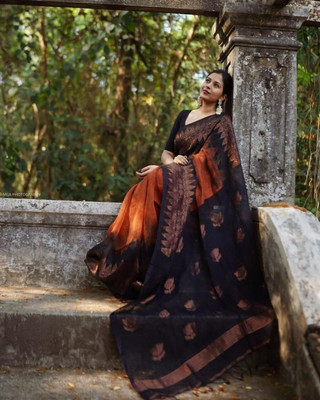 Rudr Ventures Self Design Banarasi Silk Blend Saree(Orange)
