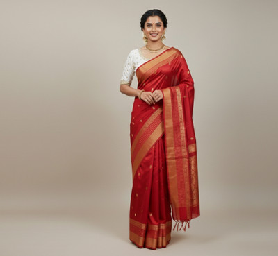 Keerthana collections Woven Handloom Jacquard Saree(Red)