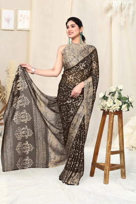 MIRCHI FASHION Printed, Blocked Printed Hand Batik Chiffon, Georgette Saree(Brown)
