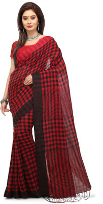 Mystory Woven, Checkered Bollywood Handloom Cotton Blend Saree(Red)