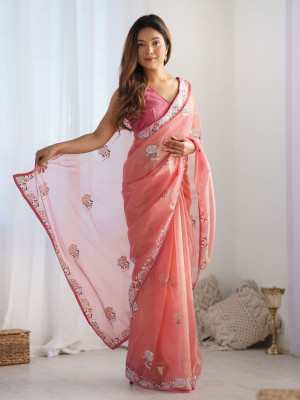 odette Embellished Saree with Attached Blouse Net Saree(Pink)