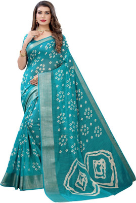 Saadhvi Printed, Color Block, Geometric Print, Embellished, Graphic Print Bandhani Cotton Silk Saree(Light Blue)
