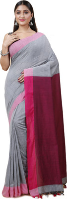 Ruuprekha Solid/Plain Handloom Cotton Blend Saree(Grey)