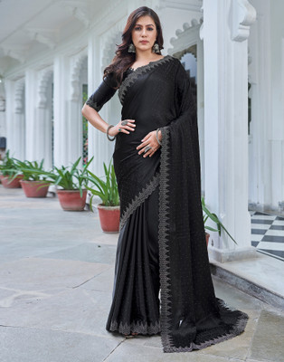 all about you Dyed, Embellished, Solid/Plain Bollywood Satin Saree(Black)