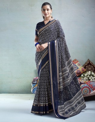 Samah Embroidered, Woven, Printed Bollywood Silk Blend Saree(Dark Blue, White)