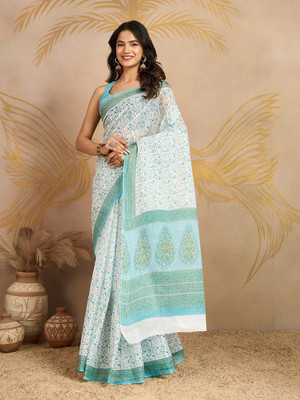 SHANVIKA Floral Print Daily Wear Pure Cotton Saree(White)