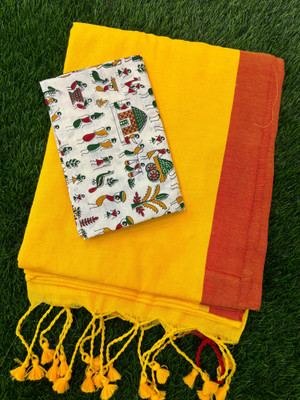 SMRITI BOUTIQUE Printed Bollywood Handloom Pure Cotton Saree(Yellow, Red, Multicolor)