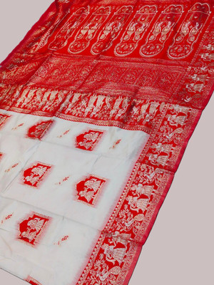 Shampas World Woven Baluchari Silk Blend Saree(White)