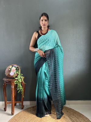 PANZORA Striped Maheshwari Georgette Saree(Light Blue, Black)
