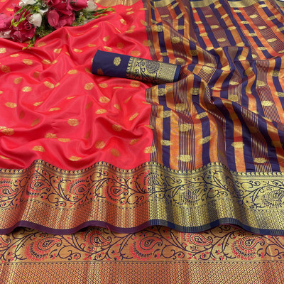 KANGLI Woven Banarasi Cotton Silk Saree(Green, Pink)