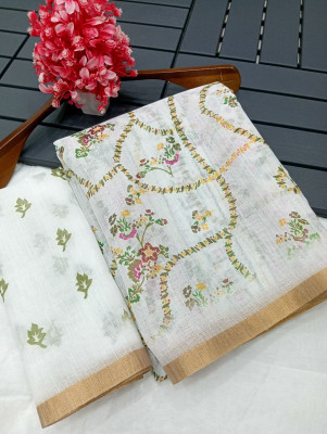 HouseOfCommon Printed Kanjivaram Pure Cotton, Cotton Linen Saree(White)