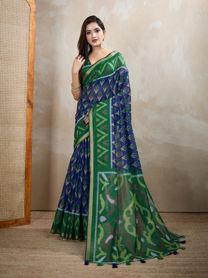 TRINETRA STUDIO Printed, Geometric Print Ikkat Chanderi Saree(Dark Blue, Green)