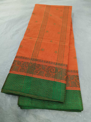 HouseOfCommon Self Design Tant Pure Cotton Saree(Orange, Green)