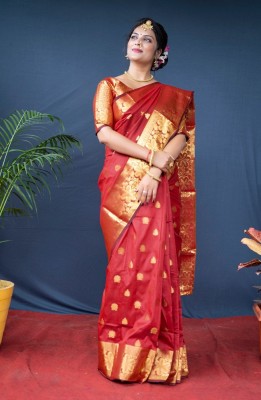 Omsaiarts Embellished, Floral Print, Self Design, Woven Kanjivaram Jacquard, Pure Silk Saree(Maroon)