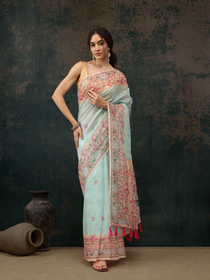 Divastri Digital Print Kalamkari Cotton Blend Saree(Light Blue)