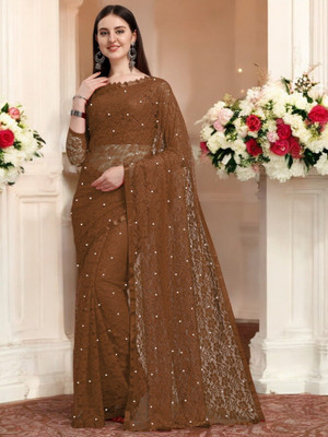 Fashion Nexa Printed, Self Design Bollywood Brasso Saree(Brown)