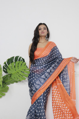 ETHNICPORT Printed Ikkat Pure Cotton Saree(Grey)