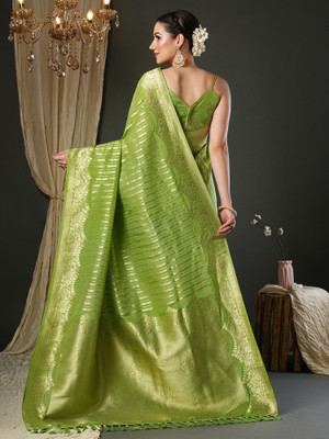 ANOUK Striped Kanjivaram Viscose Rayon Saree(Light Green)