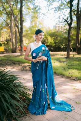 BiswasTextiles Self Design Handloom Cotton Blend Saree(Light Blue)