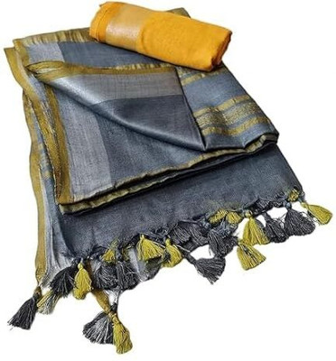 HAIDER ALI AND SONS Solid/Plain Handloom Cotton Linen Saree(Grey)