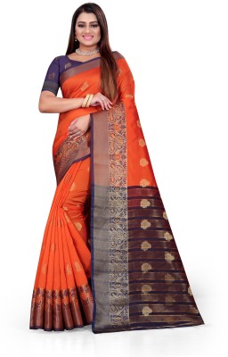 Indian Fashionista Woven Kanjivaram Silk Blend Saree(Orange)