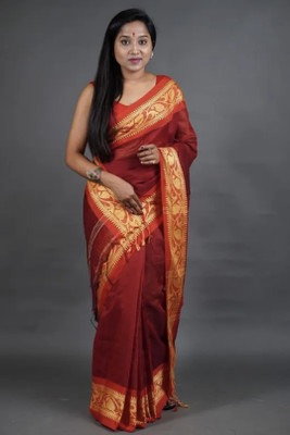 SOUMEN CREATION Woven Handloom Handloom Cotton Blend Saree(Maroon)