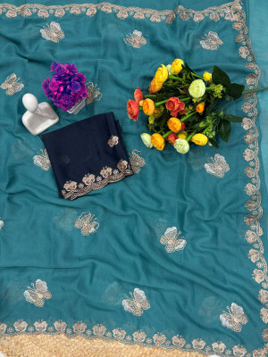 ShreeVastra Embroidered Bollywood Chiffon Saree(Dark Green)