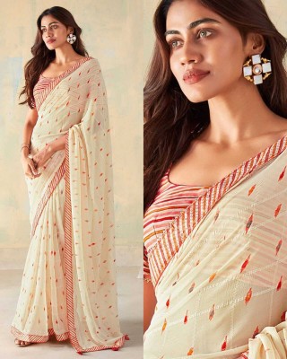 SARIK Printed, Self Design, Graphic Print, Floral Print, Checkered, Solid/Plain Bollywood Georgette, Chiffon Saree(Cream)