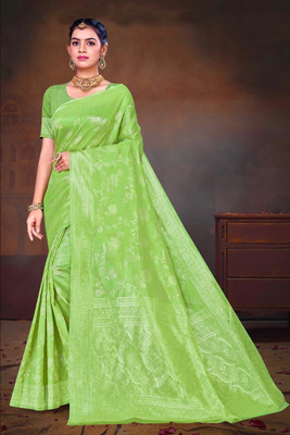 sarees Woven, Geometric Print, Self Design Banarasi Cotton Silk Saree(Green)
