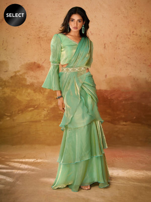 odette Solid/Plain Saree with Attached Blouse Organza Saree(Green)