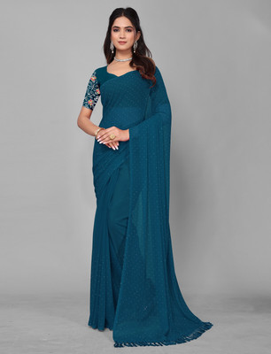 Vrati Creation Solid/Plain Bollywood Georgette Saree(Blue)