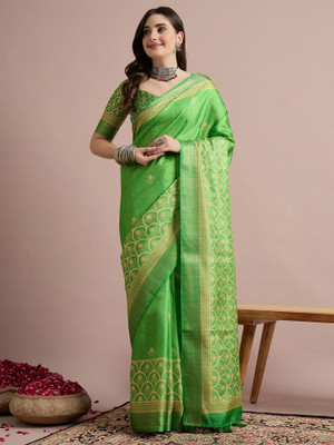 Sareemall Printed Chinnalapattu Cotton Blend Saree(Light Green)