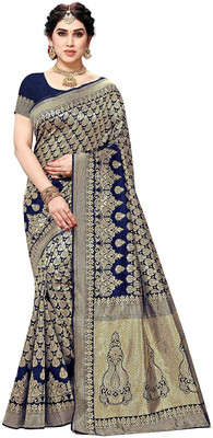 ANIRAV Printed Banarasi Silk Blend Saree(Blue)