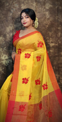 RJSC Embroidered Handloom Cotton Silk Saree(Yellow)