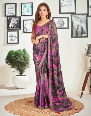SIRIL Printed Daily Wear Chiffon, Georgette Saree(Magenta, Black)