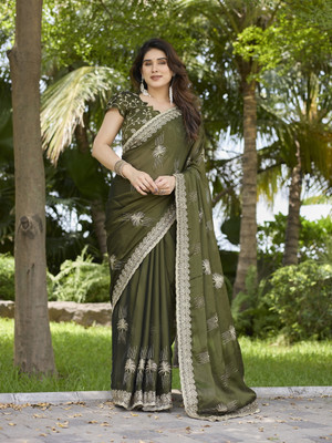 Tasrika Embroidered Bollywood Pure Silk Saree(Dark Green)