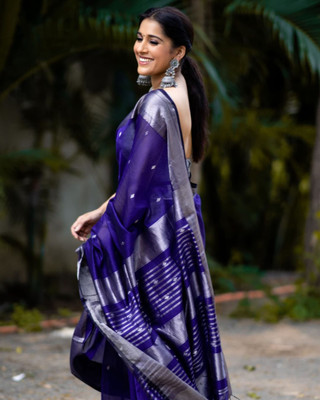 Rudr Venture Graphic Print Banarasi Silk Blend Saree(Blue)