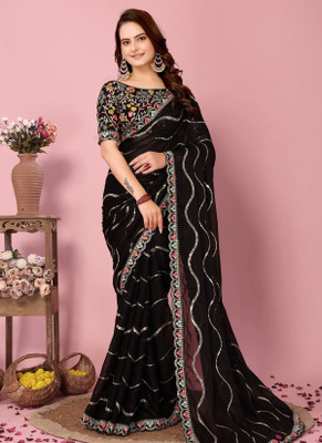 QUEDDY'S Embellished Saree with Attached Blouse Georgette Saree(Black)