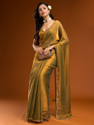 Aika Solid/Plain Bollywood Chiffon Saree(Gold)