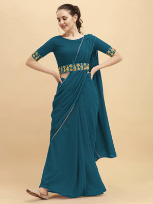 Vihan Fab Striped Bollywood Net Saree(Dark Blue)