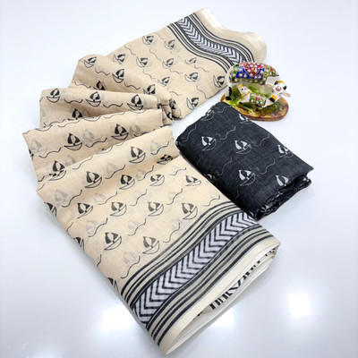 SDGRATITUDE Printed Banarasi Linen, Cotton Linen Saree(Beige)