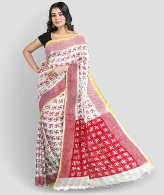 Shrutisareeghar Digital Print Handloom Cotton Silk Saree(White)